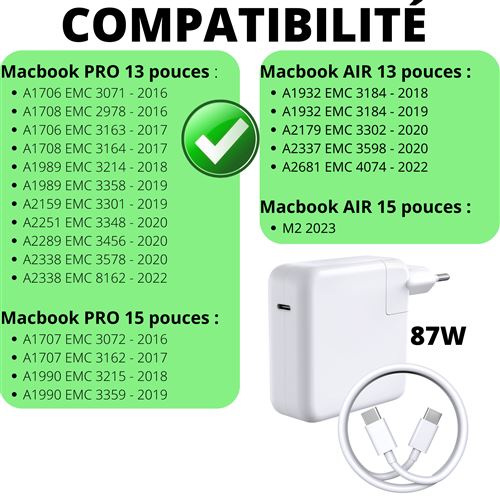 Chargeur 87W + Cable USB-C USB-C pour MacBook PRO 15 PRO 13 MacBook AIR 15  AIR 13 Phonillico® - Chargeur et câble d'alimentation PC - Achat & prix