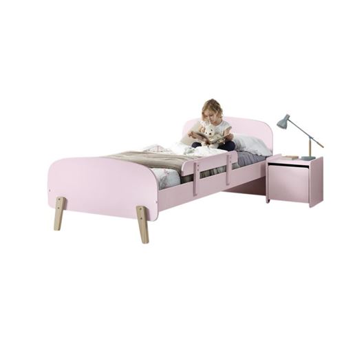 Vipack KIDDY Lit simple en bois et sommier + Barri&egrave;re de s&eacute;curit&eacute; + Chevet enfant 1 porte