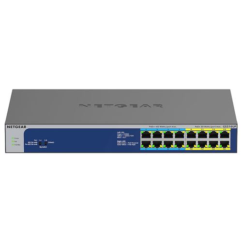 NETGEAR GS516UP - Commutateur - non géré - 8 x 10/100/1000 (PoE+) + 8 x 10/100/1000 (PoE++) - de bureau Montable sur rack - PoE++ (380 W)