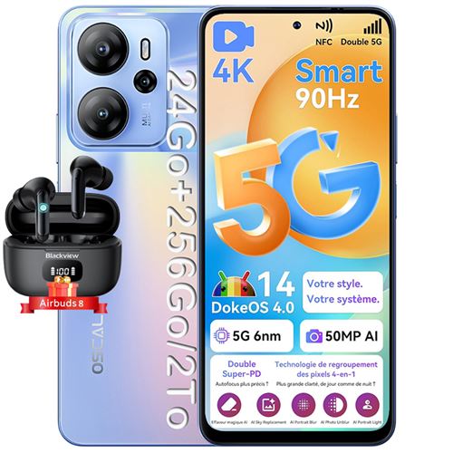 Oscal Tiger 13 Smartphone 5G 6.67 24Go+256Go 50MP 5000mAh Android NFC Dual SIM Bleu avec Blackview Airbuds 8
