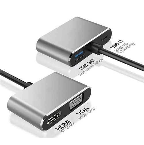 Adaptateur Type-C vers HDMI 4k quatre-en-un/VGA 1080P/ PD/USB3.0, T&T, Couleur argentée