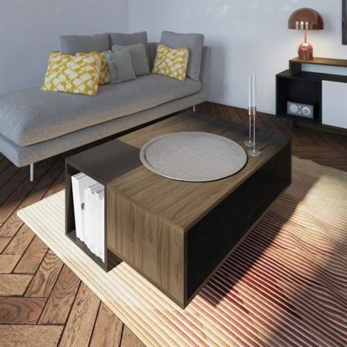 KUBE Table basse style contemporain melaminee decor noyer et gris anthracite mat - L 89 x l 67 cm
