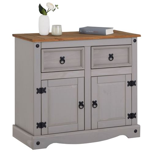 Buffet RAMON avec 2 tiroirs et 2 portes, style mexicain en pin massif gris et brun