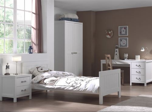 Lit 90x200 - Chevet 2 tiroirs - Armoire 2 portes et Bureau Lewis - Blanc