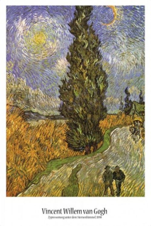 Poster Encadré Vincent Van Gogh Route Avec Cyprès Et Ciel étoilé 1890 91x61 Cm Cadre Plastique Blanc