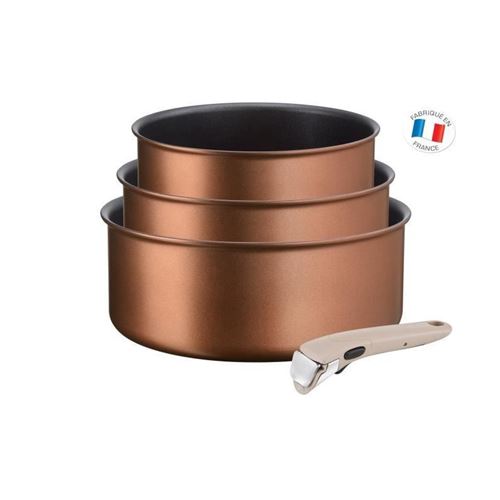 Tefal L6759003 Lot 3 Casseroles 16/18/20 Cm Ingenio Eco-respect - 1,5/2,1/3 L - Poignee Amovible Argile Moonlight - Tous Feux