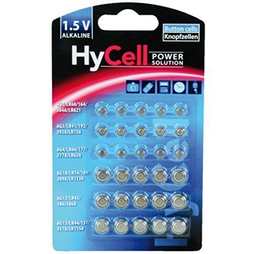 HyCell Jeu économique de 30 piles bouton alcalines/5 x pour chaque type  R621, LR736, LR626, LR1130, 386A. LR1154/Idéal pour les clés de voiture,  les appareils TAN, les jouets, les montres etc. 