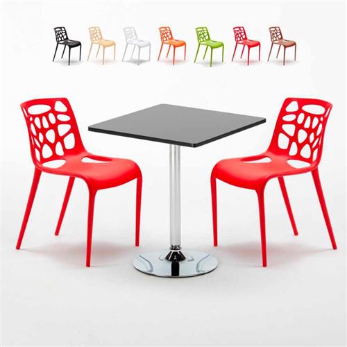 Table Carrée Noire 70x70cm Avec 2 Chaises Colorées Set Intérieur Bar Café Gelateria Mojito, Couleur: Rouge