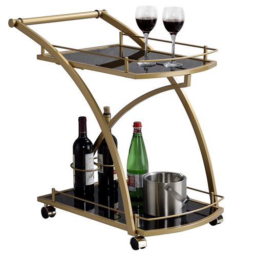 Chariot de service EVO, en m&eacute;tal dor&eacute; et plateaux en verre tremp&eacute; noir