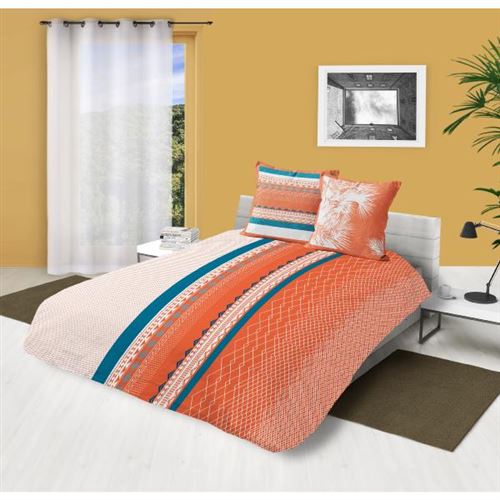 Parure housse de couette en coton 240x220 cm 57 Fils PISE corail par Soleil d'ocre