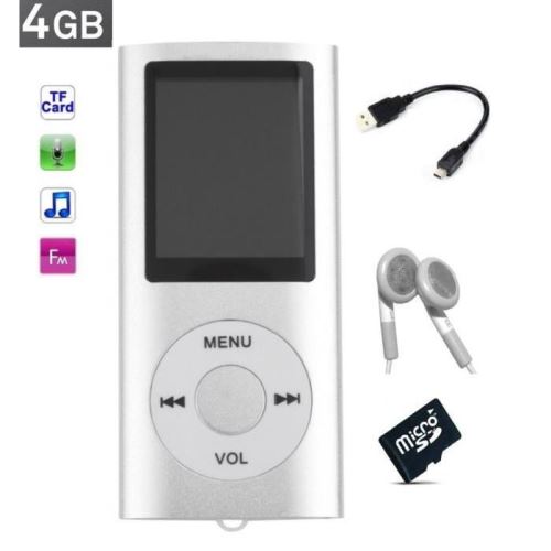 Lecteur MP3 MP4 - radio fm - à carte mémoire Micro sd - Gris + carte 4 Go