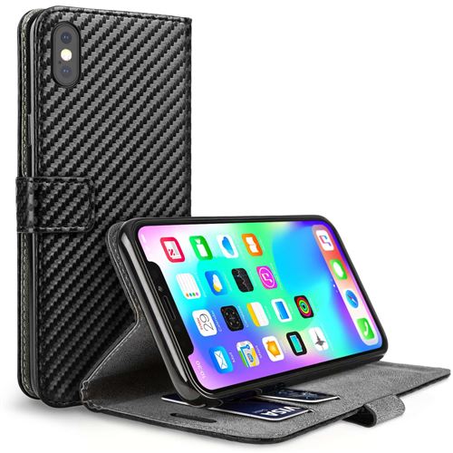 Etui Portefeuille En Pu Avec Fibre De Carbone Pour Iphone Xs Max - Noir