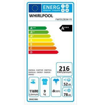 Whirlpool FWF 91283 WFR - Machine à laver - largeur : 59.5 cm - profondeur : 63 cm - hauteur : 84.5 cm - chargement frontal - 62 litres - 9 kg - 1200 tours/min