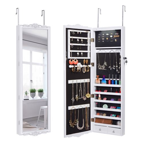 LANGRIA Armoire à Bijoux Miroir Mural Accrochée Porte Hauteur Réglable Stockage Spacieux avec 2 Tiroirs Blanc