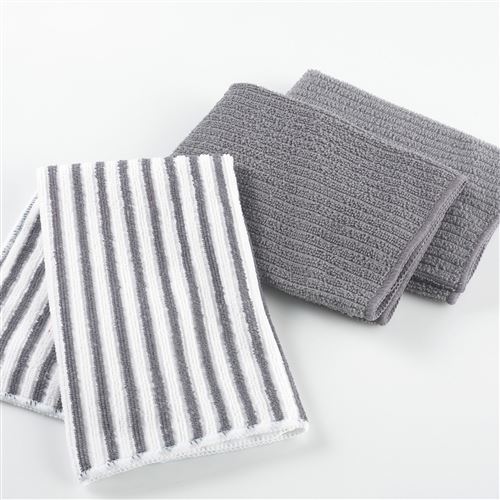 3 torchons 40 x 40 cm microfibre cuistot 2 unis/1 raye Anthracite