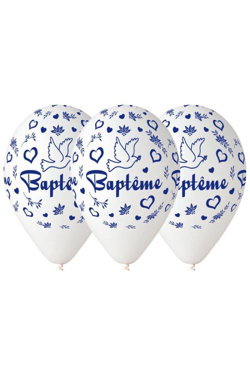 Sachet De 10 Ballons Baptême Blanc Imprime Bleu Diam 30cm - Blanc / bleu