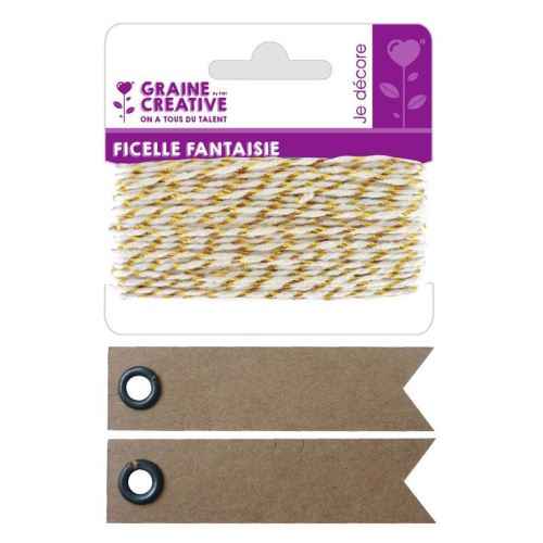 Ficelle blanche-dorée 10 m + 20 étiquettes kraft Fanion - Graine Créative