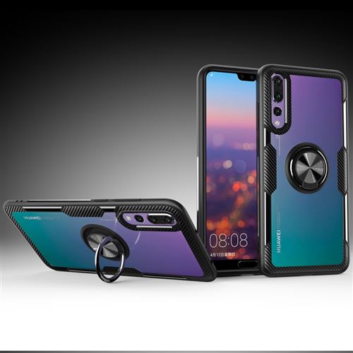 Coque en TPU anneau de doigt verre hybride noir pour votre Huawei P20 Pro