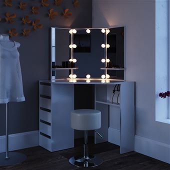 Coiffeuse Azur, 120 cm avec éclairage LED et tabouret, Blanc, Vicco - Maison