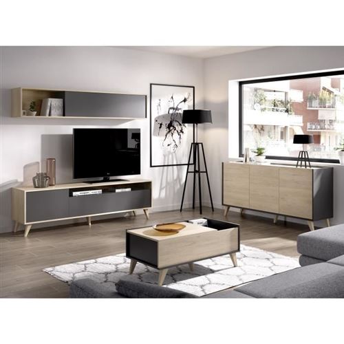 Ensemble meuble TV table basse buffet KOLN - Mélaminé - Style scandinave - Chêne naturel et graphite