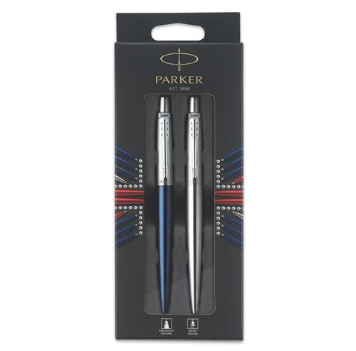 PARKER Jotter London, Blister Duo Discovery : Stylo bille bleu royal (recharge bleue) + Stylo bille acier (Recharge gel noire 0.7mm)