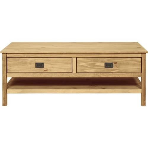 Table basse rectangulaire - En bois pin massif - Marron - 2 tiroirs + 1 étagere - L 140 x P 60 x H 54 cm - ESTEBAN