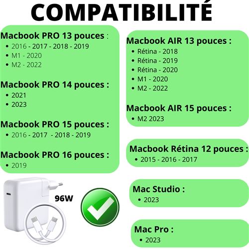 96W Macbook Pro Chargeur USB C pour Macbook Pro 13 15 Pouces 2021