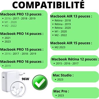 96W Chargeur MacBook Pro USB C pour MacBook Pro 16 15 13 A1707 A1719  A2141 A2166