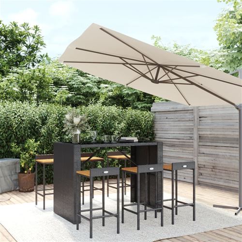 Ensemble de bar jardin 7 pcs noir poly rotin/bois massif acacia