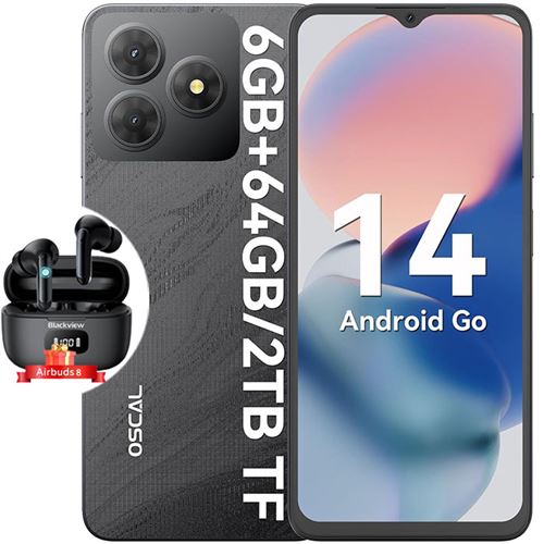 Smartphone Oscal FLAT 2C 6,56 6Go+64Go 5000mAh Dual SIM Noir avec Écouteurs Bluetooth Blackview Airbuds 8