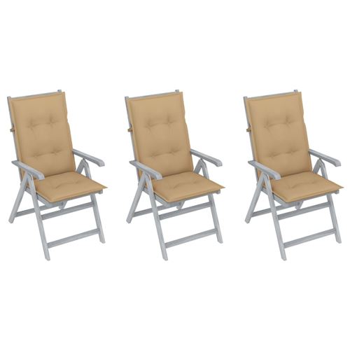 Chaises inclinables de jardin 3 pcs Bois d'acacia avec coussins beige