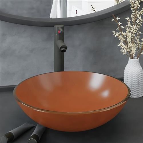 vidaXL Lavabo de bain avec robinet et drain à poussoir Verre trempé