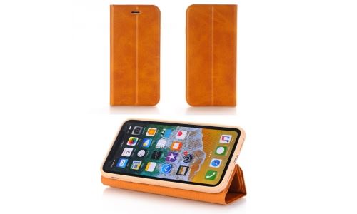 Etui retro-style iPhone X coloris camel fonction stand