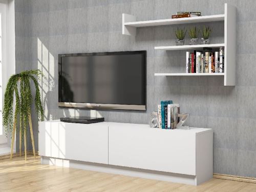 HOMEMANIA Meuble TV Martin Moderne - avec Portes, Étagères - pour Salon - Blanc en Bois, 160 x 33,6 x 40 cm