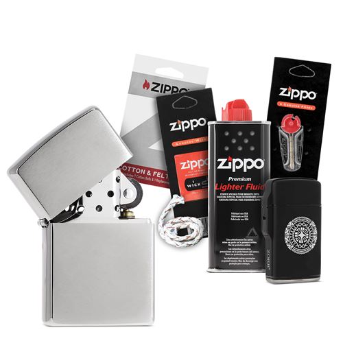 Pack complet Briquet Zippo Brushed avec mèche essence coton et pierres