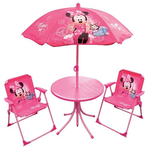 FUN HOUSE 712687 Disney Minnie Salon de Jardin pour Enfant avec 1 Table, 2 chaises et 1 Parasol