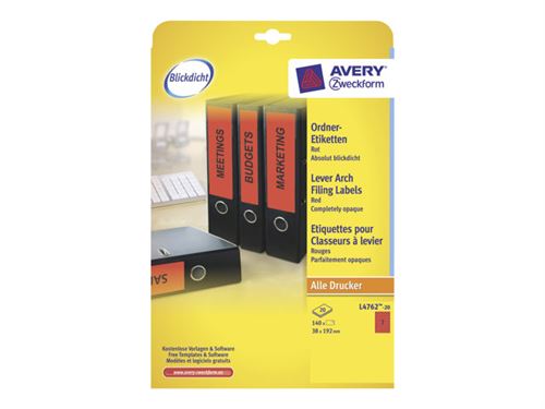 Avery L4762 - Rouge - 38 x 192 mm 140 unités (20 feuille(s) x 7 étiquettes pour dossiers