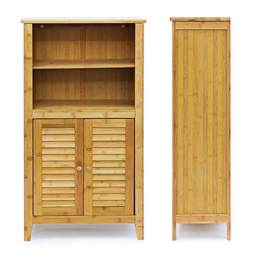 Armoire étagère petit meuble table 2 portes bambou salle de bain salon multifonction 92 cm