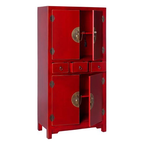 Armoire 4 portes, 3 tiroirs Rouge Meuble Chinois - PEKIN