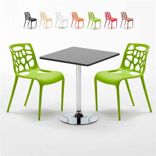 Table Carrée Noire 70x70cm Avec 2 Chaises Colorées Set Intérieur Bar Café Gelateria Mojito, Couleur: Vert