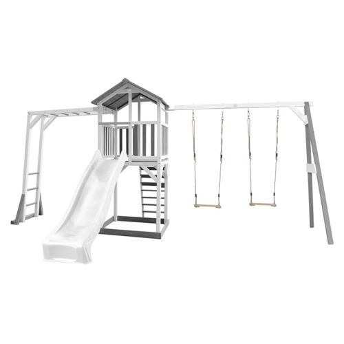 Aire de jeux 2 balan&ccedil;oires &eacute;chelle de singe et toboggan blanc