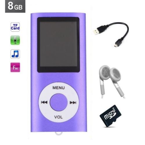 Lecteur MP3 MP4 - radio fm - à carte mémoire Micro sd - Violet + carte 8 Go