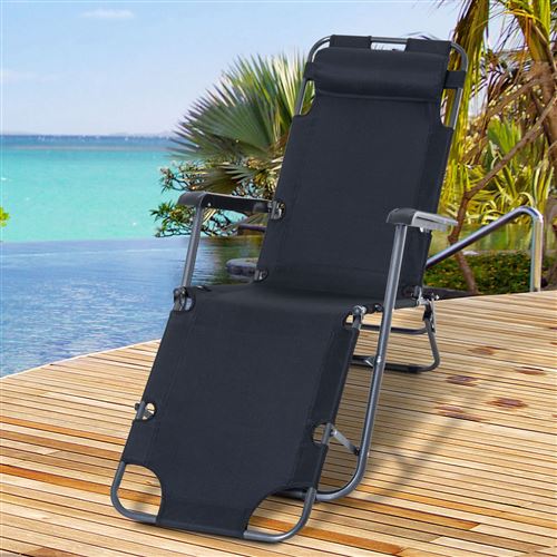 120 sur chaise longue pliable bain de soleil transat de relaxation dossier inclinable avec repose pied polyester oxford noir mobilier de jardin achat prix fnac