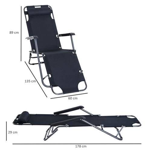 51 sur chaise longue pliable bain de soleil transat de relaxation dossier inclinable avec repose pied polyester oxford noir mobilier de jardin achat prix fnac