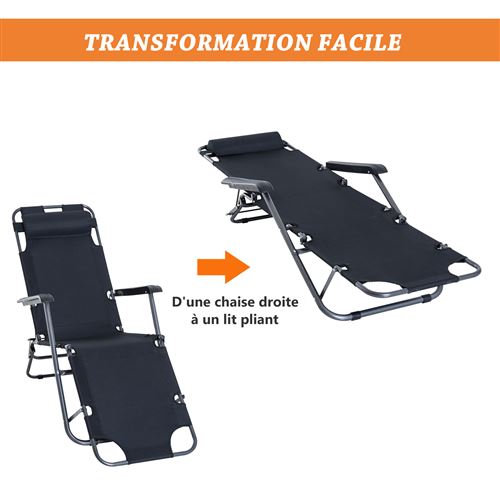 51 sur chaise longue pliable bain de soleil transat de relaxation dossier inclinable avec repose pied polyester oxford noir mobilier de jardin achat prix fnac