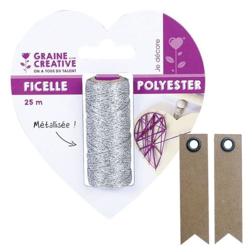 Bobine de ficelle métallisée argent 25 m + 20 étiquettes kraft Fanion - Graine Créative