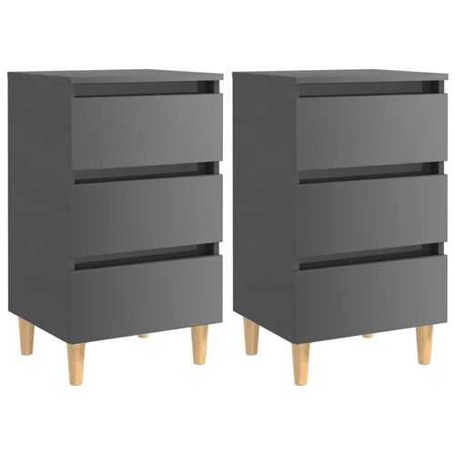 vidaXL Tables de chevet pieds en bois 2 pcs Gris brillant 40x35x69 cm