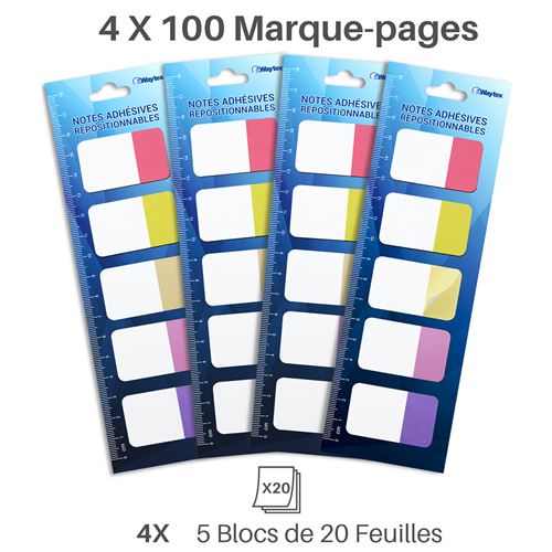 200 Marque-pages plastifiés repositionnables 10 mini blocs de 20 notes  adhésives couleurs pastel transparentes 4,5x1,2 cm