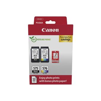 Canon PG-575/CL-576 Photo Paper Value Pack - Pack de 2 - noir, couleur (cyan, magenta, jaune) - original - boîte de suspension - jeu de papier / cartouche d'encre - pour PIXMA TR4750i, TR4751i, TR4755i, TS3550i, TS3551i - 1