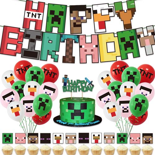 38 pièces Décorations de Fête pour enfants FONGWAN Thème Minecraft Bannière Ballon Cupcake Topper